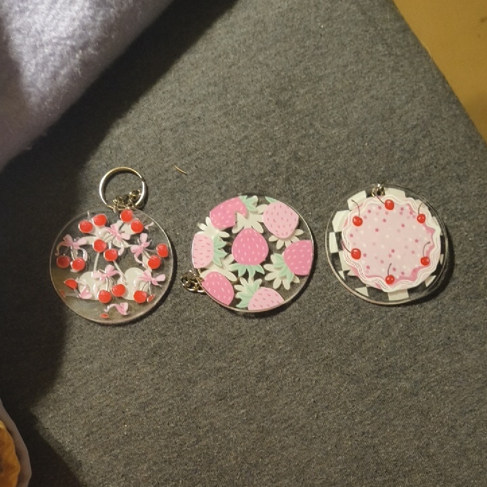 Pink Strawberry & Cherry Acrylic Keychain Charms - Women Accessories